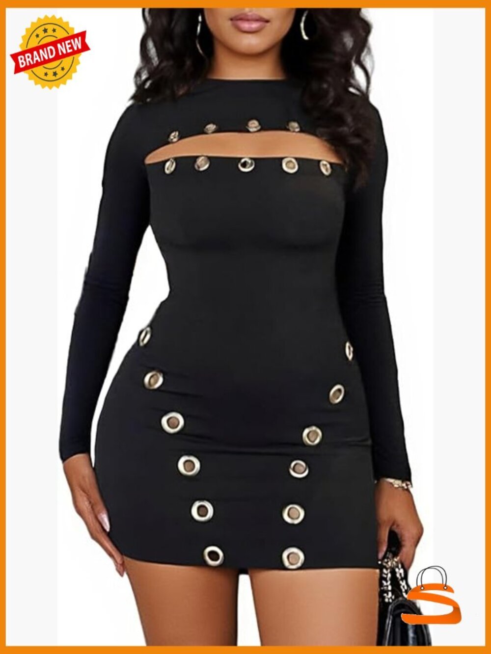 Y2K Metal Ring Cutout Long Sleeve Bodycon Mini Dress Club Party